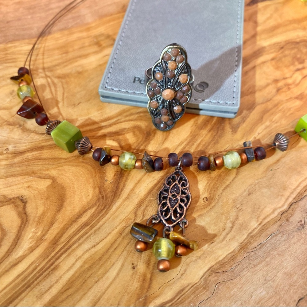 Boho Green and Brown Beaded Pendant Necklace and Ring Set